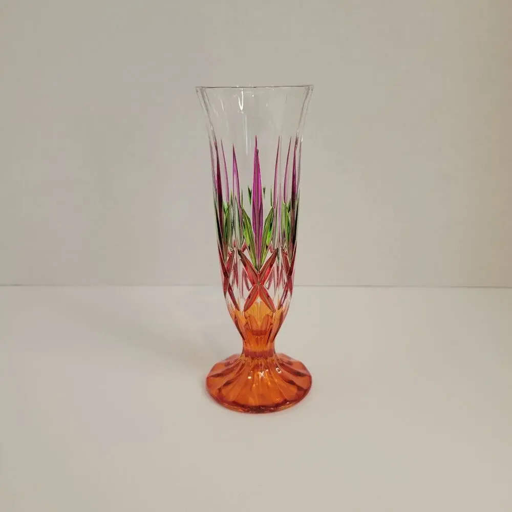 Vintage Style Multicolor Cut Glass Vase Gold Accents 6.75